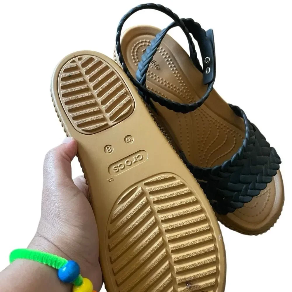 Crocs literide RARE wedge strappy ankle woven braided black tan boho festival co - Picture 3 of 5